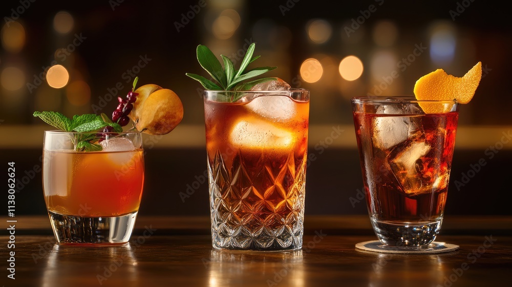 Cocktail selection featuring three distinct beverages elegantly displayed with ice and garnishes on a blurred bar background Cocktail selection featuring three distinct beverages elegantly displayed with ice and garnishes on a blurred bar background