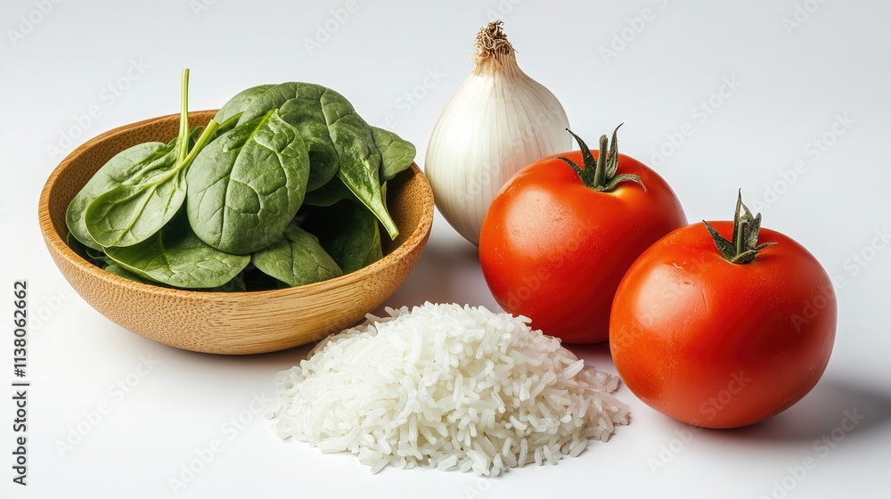 Ingredients for a healthy meal, featuring spinach, tomatoes, onion, and rice presented in an isolated close-up arrangement. Ingredients for a healthy meal, featuring spinach, tomatoes, onion, and rice presented in an isolated close-up arrangement.