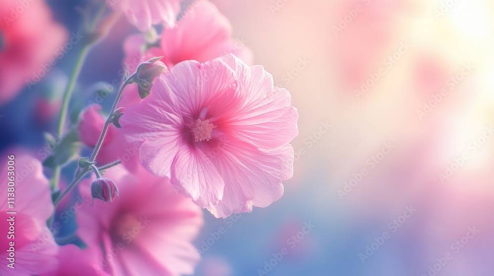 Obraz premium Close up of pink Alcea rosea hollyhock flowers with a softly blurred background showcasing their delicate beauty and ornamental appeal