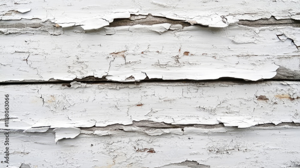 Obraz premium Weathered Wooden Plank Texture with Peeling White Paint and Cracked Surface for Rustic Background or Design Elements