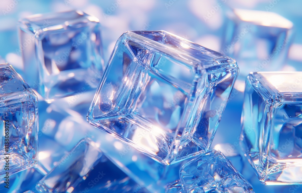 A stock photo of an abstract background featuring transparent glass blocks in various shapes on a blue surface. A stock photo of an abstract background featuring transparent glass blocks in various shapes on a blue surface.