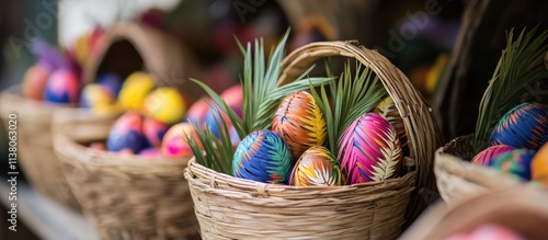 Colorful Easter baskets filled with decorated eggs and traditional palms showcased at a vibrant annual market event in the town square. photo