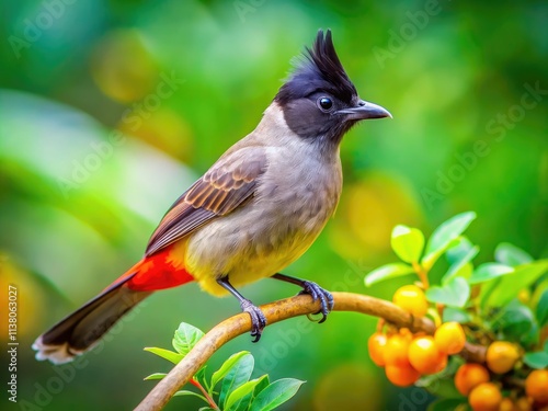 Sooty-headed bulbul perched on a branch, showcasing Pycnonotus aurigaster in a rule-of-thirds composition. photo