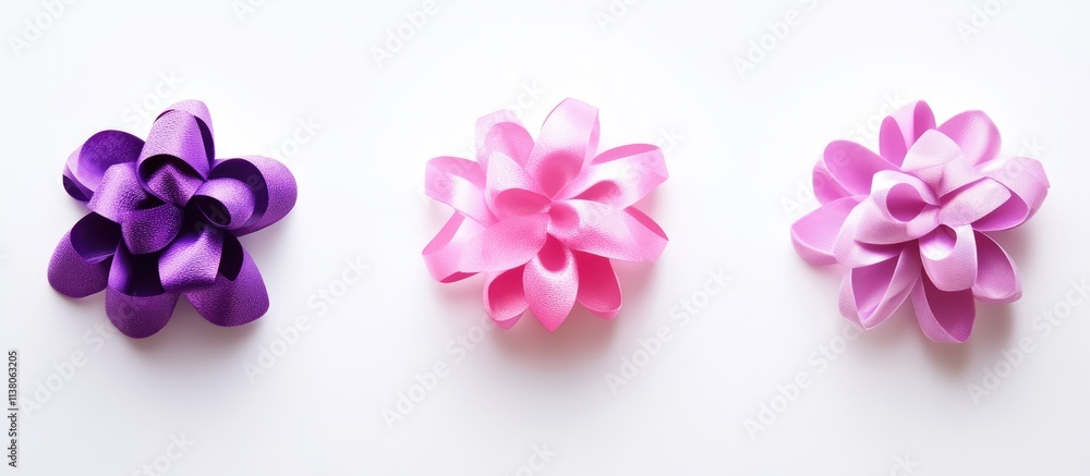 Naklejka premium Colorful gift bow assortment featuring purple and pink ribbons on a clean white background perfect for celebrations and gift wrapping ideas