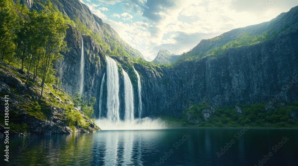 Majestic waterfall cascading into serene lake surrounded by lush greenery under a bright blue sky on a tranquil sunny day Majestic waterfall cascading into serene lake surrounded by lush greenery under a bright blue sky on a tranquil sunny day