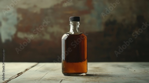 Small glass bottle containing brown liquid for medicinal use on rustic wooden surface