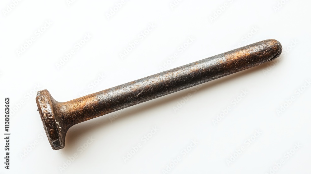 Rusty metal nail with weathered surface isolated on clean white background showcasing industrial and construction elements.