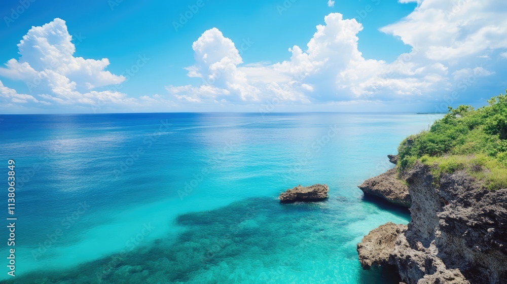 Fototapeta premium Stunning coastal landscape with crystal clear turquoise water and dramatic cloud formations over a serene blue sky