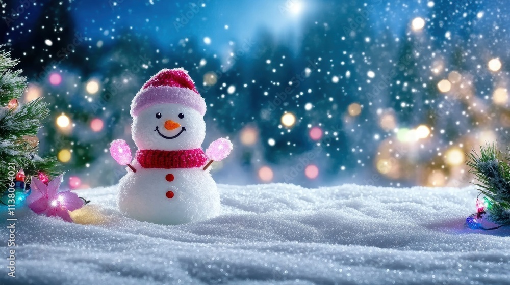 Cheerful snowman adorned with a red hat in a snowy winter landscape, surrounded by twinkling lights and vibrant decorations. Cheerful snowman adorned with a red hat in a snowy winter landscape, surrounded by twinkling lights and vibrant decorations.