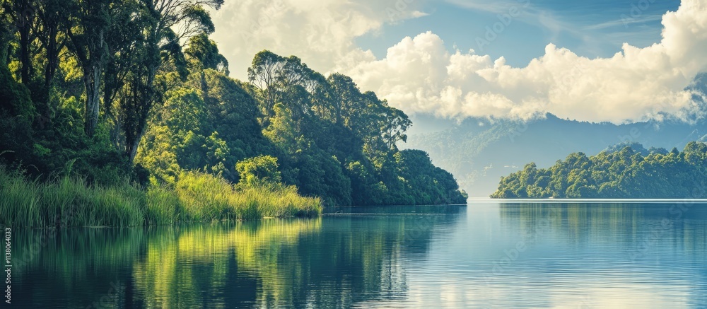 Obraz premium Serene shoreline with vibrant greenery and tranquil water reflecting a picturesque landscape under a blue sky with soft clouds