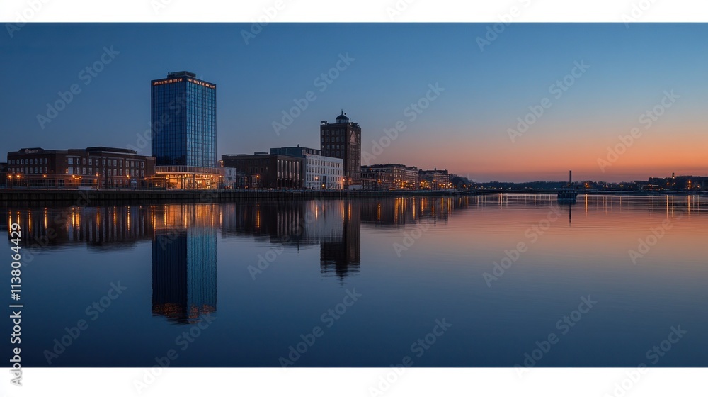 Serene Sunset Reflection over Cityscape Serene Sunset Reflection over Cityscape