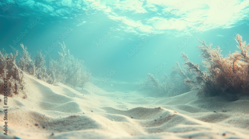Fototapeta premium Underwater scene of sandy beach with gentle waves highlighting aquatic plants and tranquil sunlight filtering through the water surface