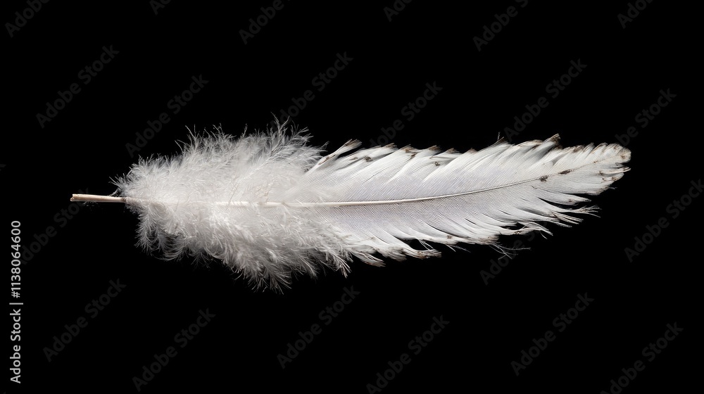 Obraz premium Delicate white owl feather isolated on black background showcasing intricate details and natural textures in a minimalist composition