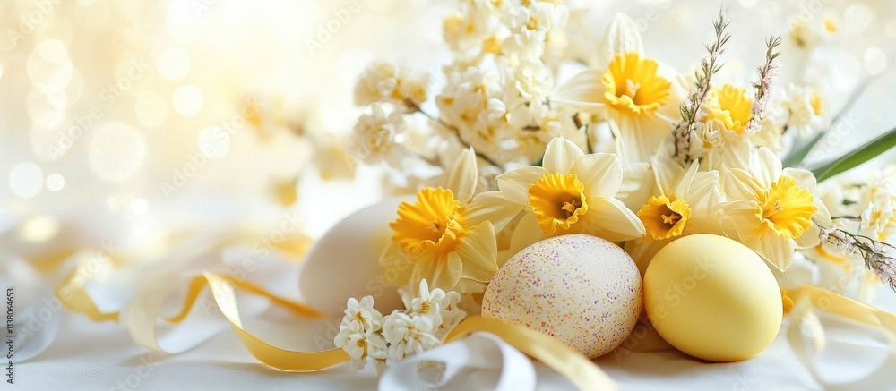 Easter floral arrangement with daffodils decorated eggs and pastel ribbons on a bright background celebrating spring and renewal Easter floral arrangement with daffodils decorated eggs and pastel ribbons on a bright background celebrating spring and renewal