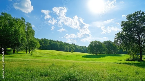 Breathtaking panoramic landscape with lush green fields under a vibrant blue sky and fluffy white clouds illuminated by sunlight