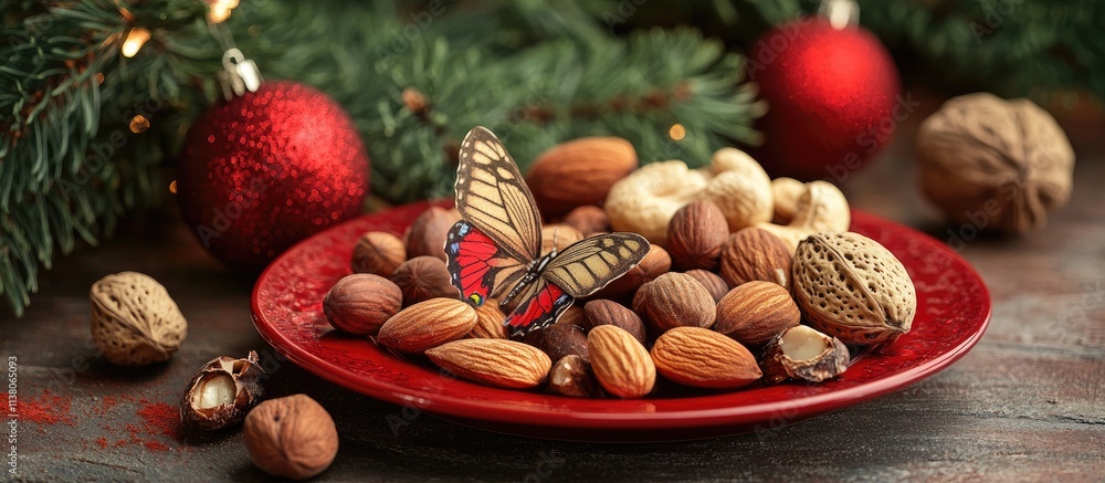 Festive red plate of assorted nuts with butterfly decoration surrounded by Christmas ornaments and greenery creating a warm holiday atmosphere Festive red plate of assorted nuts with butterfly decoration surrounded by Christmas ornaments and greenery creating a warm holiday atmosphere