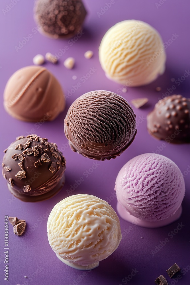 Variety of ice cream scoops arranged artistically on a purple surface showcasing rich textures and colors in a dessert display Variety of ice cream scoops arranged artistically on a purple surface showcasing rich textures and colors in a dessert display