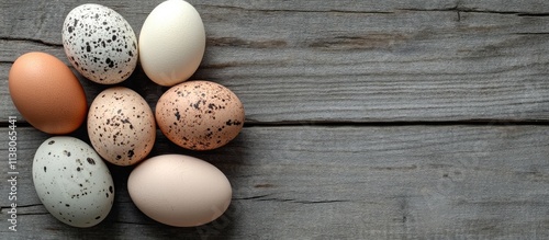 Easter eggs arranged on a gray wooden table with space for text for seasonal or holiday-themed promotions and greetings photo