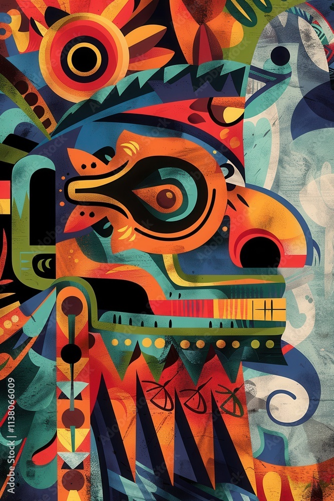 Obraz premium Colorful depiction of a tribal mask featuring intricate patterns and vibrant colors, showcasing cultural artistry and creativity