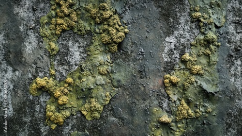 Textured background of aged bricks and concrete wall featuring green fungus and lichen growth ideal for design and restoration projects. photo