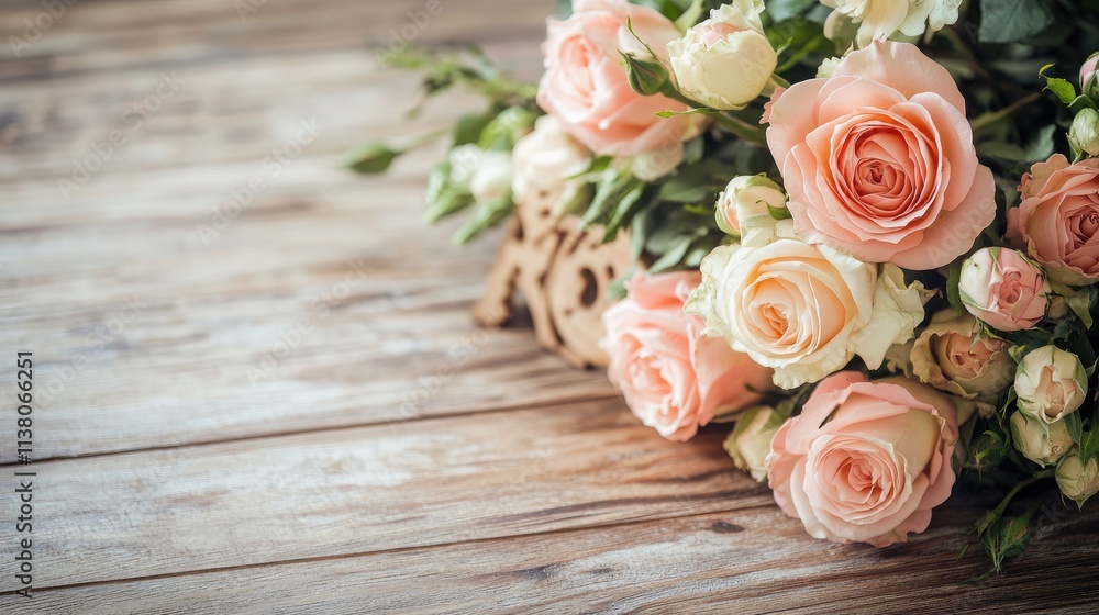 Romantic arrangement of soft pink roses on rustic wooden table creating a warm and inviting atmosphere for love and celebration themes Romantic arrangement of soft pink roses on rustic wooden table creating a warm and inviting atmosphere for love and celebration themes