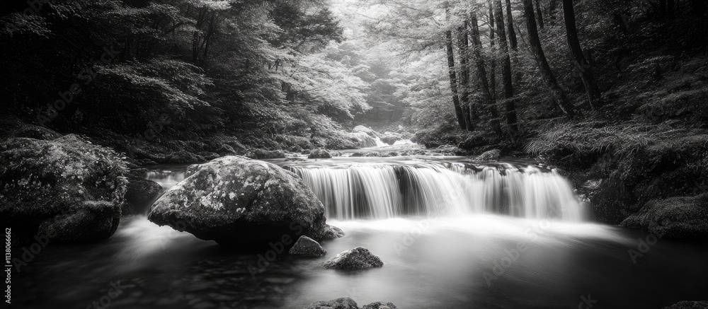 Fototapeta premium Serene black and white landscape of a peaceful stream flowing through lush Japanese mountains surrounded by tall trees