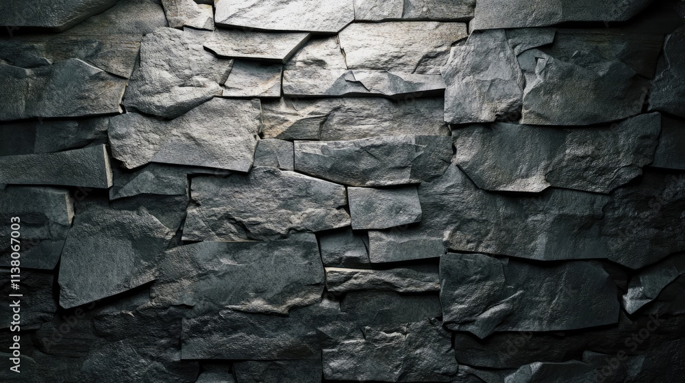 Fototapeta premium Textured stone wall featuring irregular slate tiles creating a rugged and natural background for various design applications.