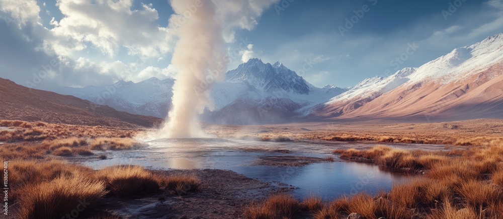 Fototapeta premium Atacama Desert geyser erupting amidst stunning mountain landscape under a dramatic sky at high altitude