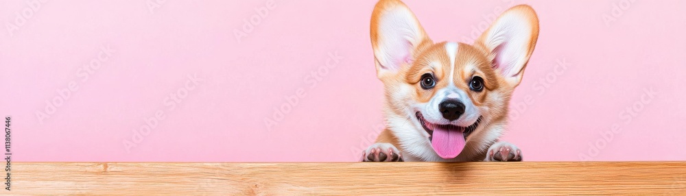 A cheerful corgi peeking over a wooden surface with a playful expression against a pink backdrop. A cheerful corgi peeking over a wooden surface with a playful expression against a pink backdrop.