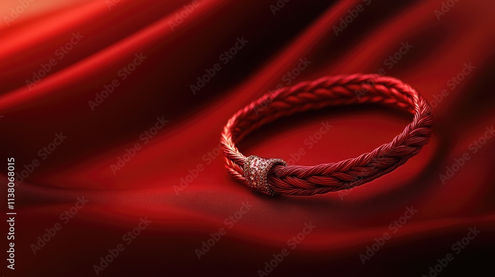 Naklejka premium Traditional wristband symbolizing sibling love on a rich red fabric background showcasing elegance and cultural significance.