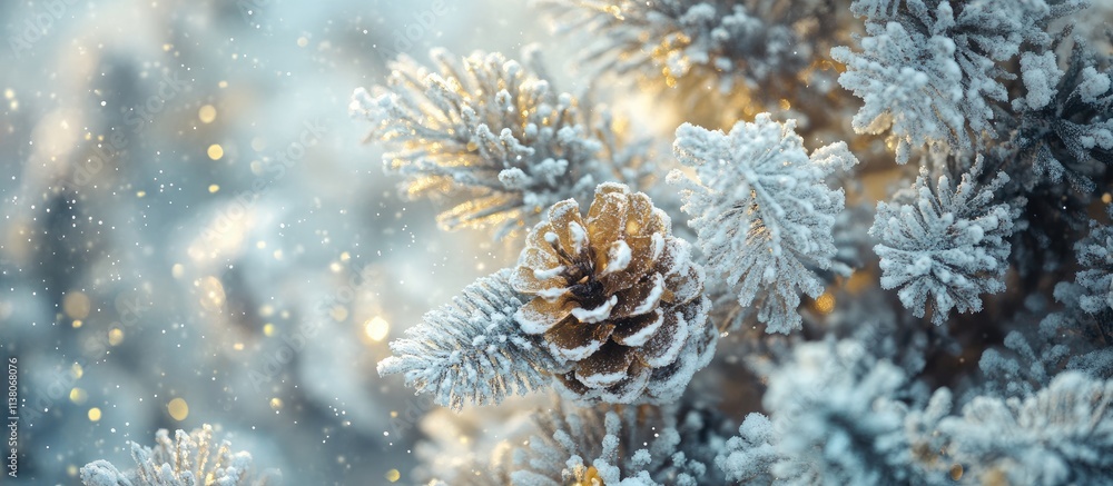 Close up of frosted pine branches with pinecones creating a magical winter atmosphere for festive New Year celebrations and holiday decor Close up of frosted pine branches with pinecones creating a magical winter atmosphere for festive New Year celebrations and holiday decor