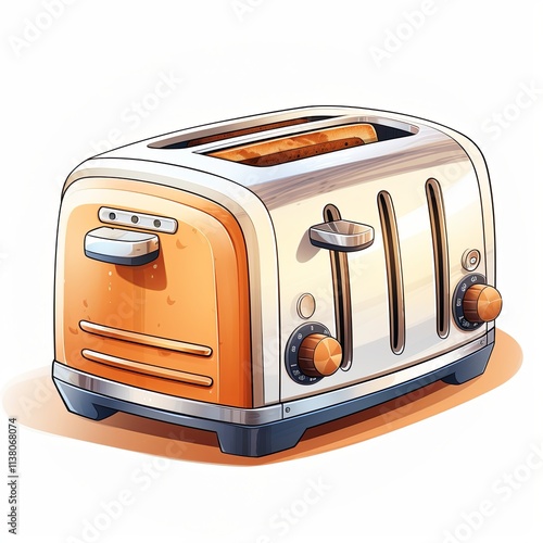 This vintage retro toaster showcases a shiny metal body with two perfectly toasted slices of bread popping up. It is elegantly placed against a clean white background, ideal for kitchen décor. photo