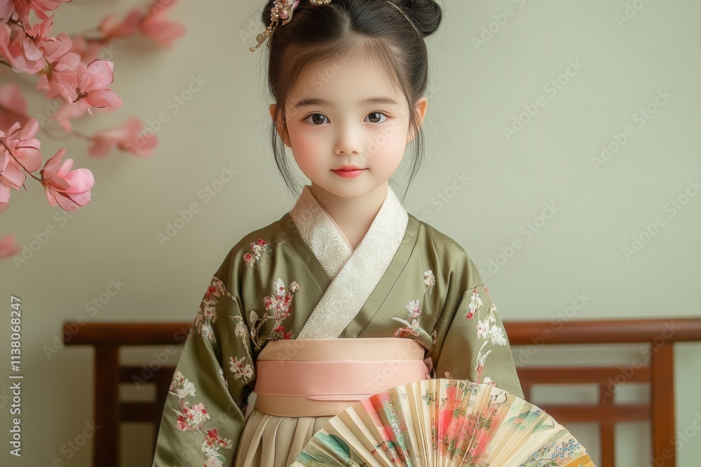 Young girl in traditional clothing holding a fan, posing gracefully in a serene indoor setting surrounded by cherry blossom decor Young girl in traditional clothing holding a fan, posing gracefully in a serene indoor setting surrounded by cherry blossom decor