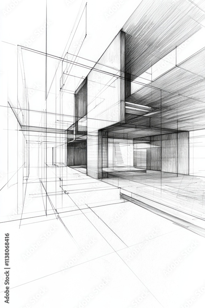 Abstract architectural sketch of an interior space, on a white background, with lines and blocks Abstract architectural sketch of an interior space, on a white background, with lines and blocks