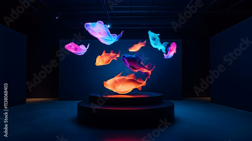 In a dimly lit space, a podium is surrounded by vibrant holographic fish, offering a captivating digital art encounter