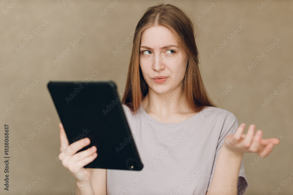 Portrait of young student actress learning role woman with digital tablet. Acting test casting film movie acting auditions. Portrait of young student actress learning role woman with digital tablet. Acting test casting film movie acting auditions.
