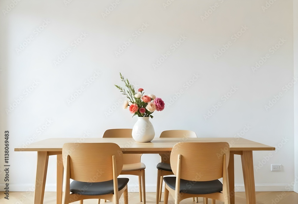 A modern dining room with a wooden table and chairs , a vase of flowers in the center, and a minimalist white wall background