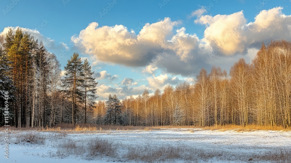 Serene winter forest landscape featuring bare trees under a blue sky with fluffy clouds and a snow-covered ground. Serene winter forest landscape featuring bare trees under a blue sky with fluffy clouds and a snow-covered ground.
