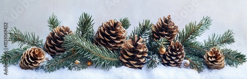 Festive winter arrangement of pine cones and evergreen branches on snow.