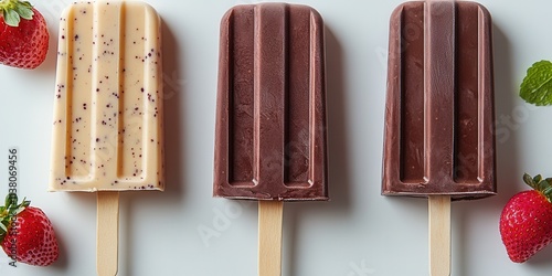 Colorful assortment of frozen popsicles featuring vanilla, chocolate, and coffee flavors with fresh strawberries on a light background photo