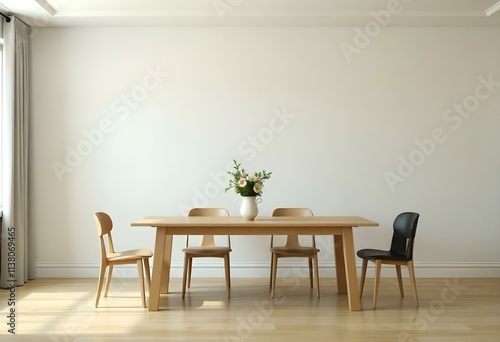 A modern dining room with a wooden table and chairs , a vase of flowers in the center, and a minimalist white wall background