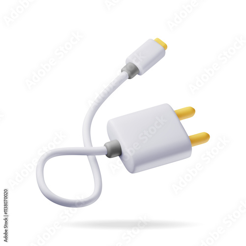 3d white USB charger isolated on white. Render data transfer wire charger. Connector or plug for gadgets. Device for charging, Electronic equipment. Vector illustration