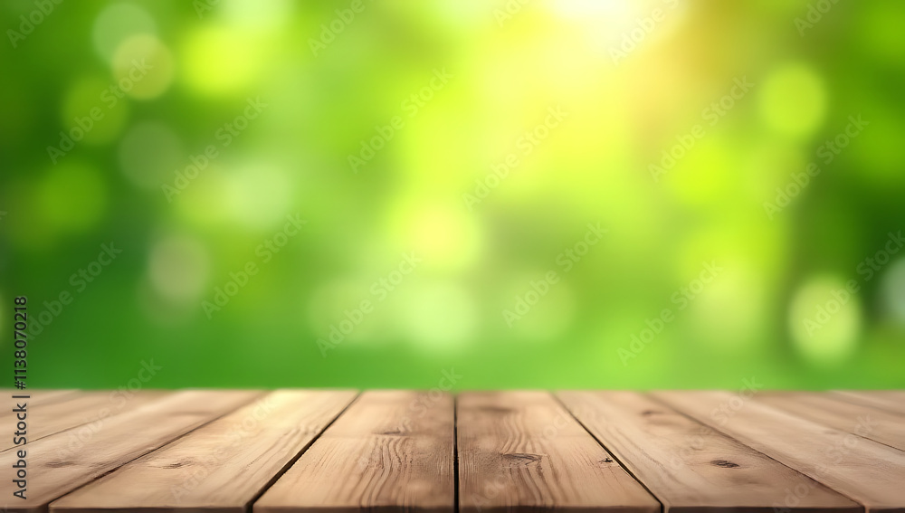 A wooden table top with a blurred bokeh of fresh green foliage from a garden setting suitable for product display._00003_ A wooden table top with a blurred bokeh of fresh green foliage from a garden setting suitable for product display._00003_