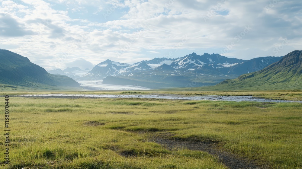 Stunning panoramic view of Kaldnasi mountain and Rjomafoss surrounded by lush greenery in the West Iceland landscape under a clear sky. Stunning panoramic view of Kaldnasi mountain and Rjomafoss surrounded by lush greenery in the West Iceland landscape under a clear sky.