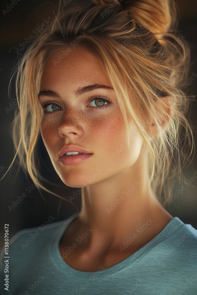 Young woman with freckles and blue eyes smiles gently in natural light, showcasing her casual elegance and carefree spirit in an indoor setting Young woman with freckles and blue eyes smiles gently in natural light, showcasing her casual elegance and carefree spirit in an indoor setting