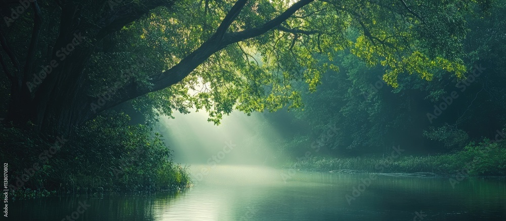 Obraz premium Serene nature landscape with lush greenery and tranquil waters illuminated by soft sunlight filtering through the trees.
