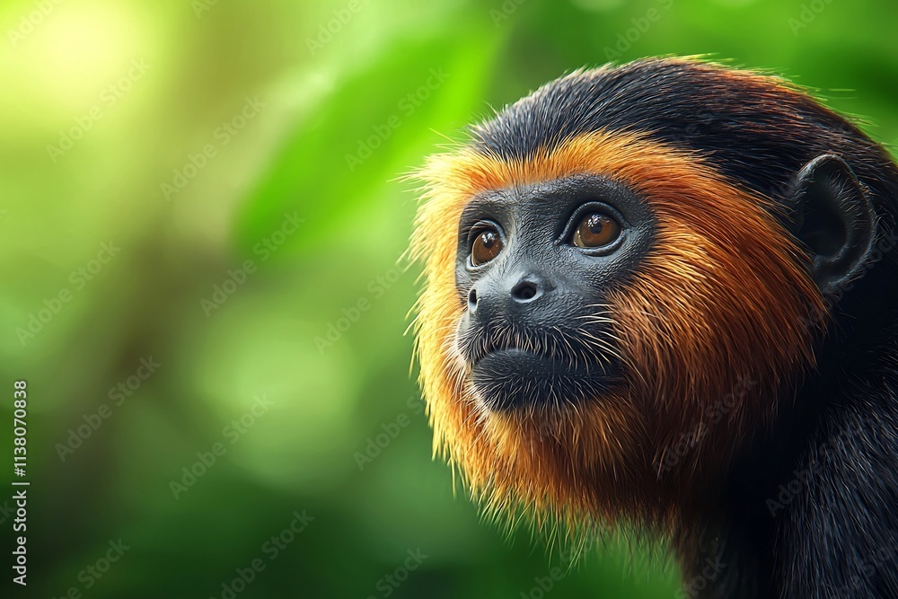 Obraz premium Curious and Alert Black Lion Tamarin in Lush Brazilian Atlantic Forest