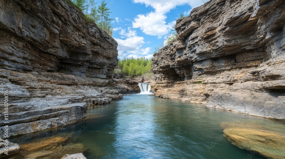 Serene river flowing through a majestic rocky gorge under a clear blue sky with lush greenery surrounding the water's edge. Serene river flowing through a majestic rocky gorge under a clear blue sky with lush greenery surrounding the water's edge.