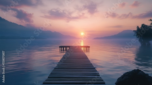 Serene sunrise over calm waters with a wooden jetty extending into the vibrant horizon landscape during early morning light photo