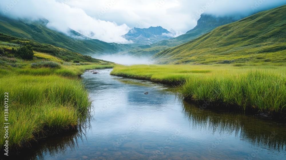 Serene riverscape with lush green grass and misty mountains under a cloudy sky in a tranquil natural setting Serene riverscape with lush green grass and misty mountains under a cloudy sky in a tranquil natural setting